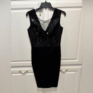 Goddiva London Sequin Detail Mesh Bodice Sleeveless Midi Black Dress US Size 8